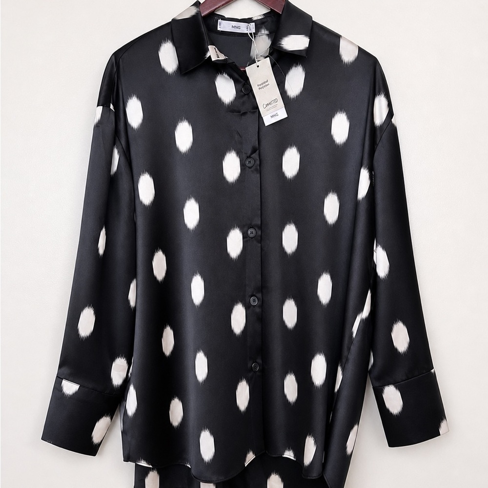Mango Black & White Satin Polka Dot Blouse NWT